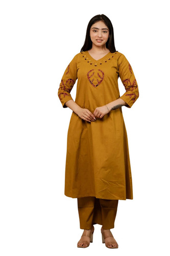 Yellow Dhabu Cotton A Line Kurti With Plazo Set