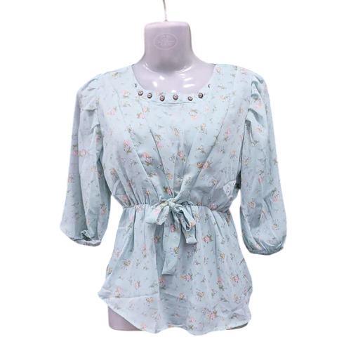 Sky Blue Cotton Printed Ladies Top