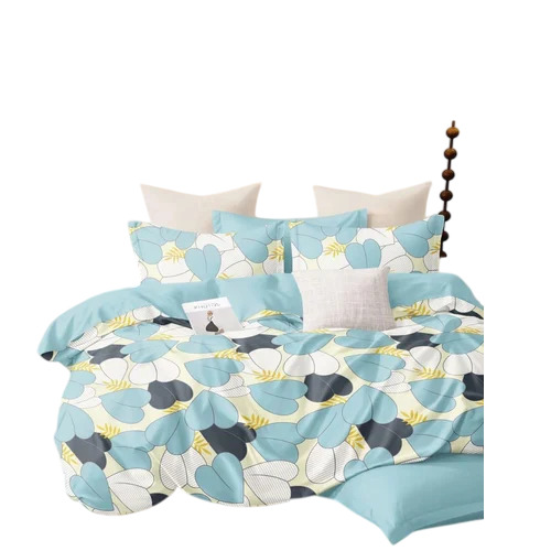 Sky Blue Glace Cotton Printed Bed Sheet Set