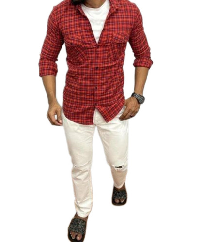 Men Red Cotton Shirt - Slim Fit, Full Sleeve, Check Pattern, Multicolor | Buttons Closure, Breathable, Anti-Wrinkle, Easy Wash