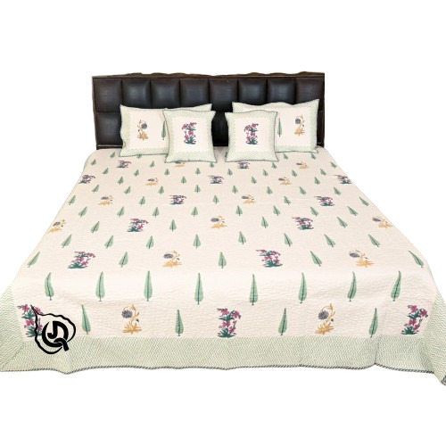 White Base Cotton Printed Quilted Bedspread