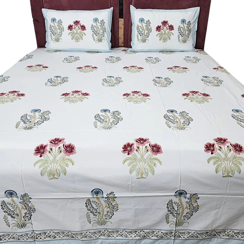 Cotton White Hand Block Printed Bedsheet