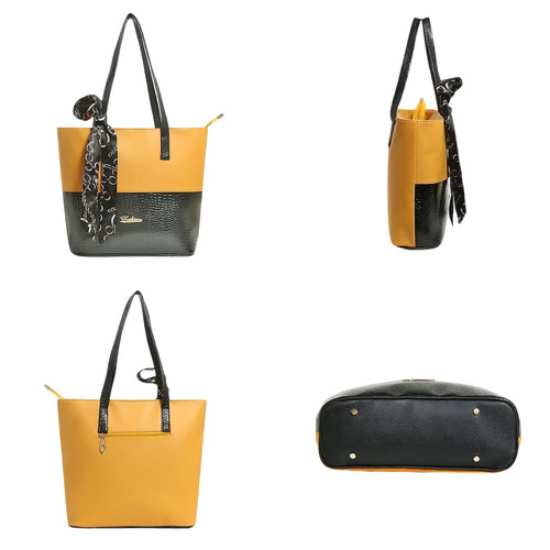 Plain Fashionable Women Handbags - PU Leather, Yellow & Black, Zipper Closure, Handles, Casual Fashion Bags