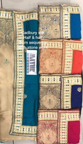 Mayur Saree New Cadbury Silk Stone Work Embroidery Heavy Wedding Saree Free Size - Color: Magenta