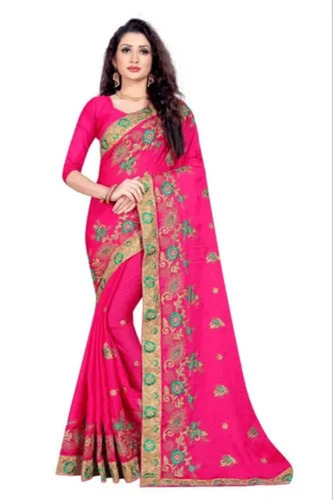 Mayur Saree New Poly Silk Embroidery Glitter Work Saree (Pink) - Color: Pink