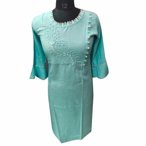 Blue Round Neck Embroidered Kurti