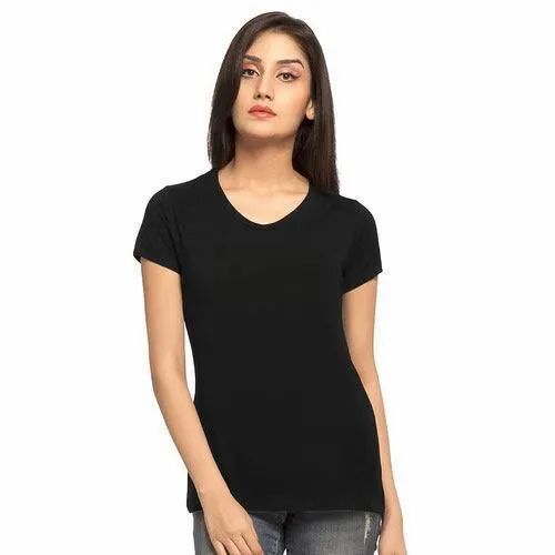 Black Round Neck Women T Shirt - Cotton Blend, Regular Fit, Black, Half Sleeves | Lightweight, Soft, Breathable, Quick Dry, Comfortable Fit
