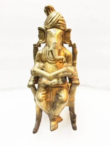 Brass Ganpati Reading Book Statue - Color: Golden