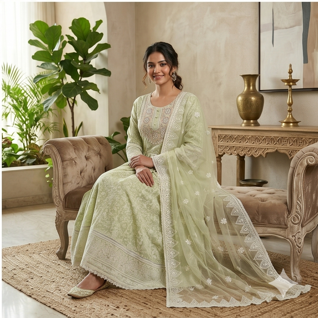 Women Ethnic Wear Anarkali Suit - Color: Mint Green