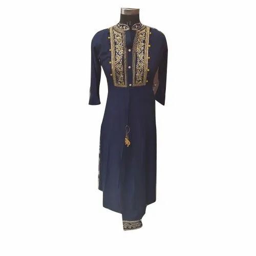 Navy Blue Embroidered Cotton Kurti Pant Set