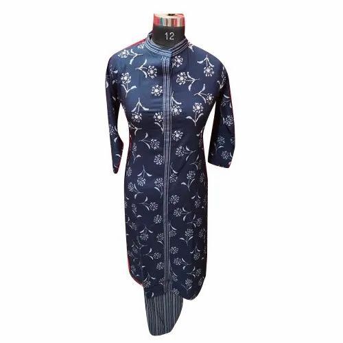 Navy Blue Rayon Long Kurti - 3/4th Sleeves, Regular Fit, Printed | Breathable, Anti Wrinkle, Quick Dry, Comfortable Fit