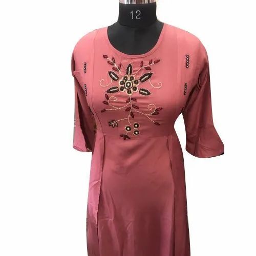 Peach Embroidered Fancy Cotton Kurti
