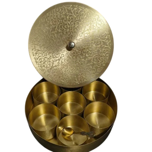 7 Compartments Hammer Intricate Print Brass Spice Box Set