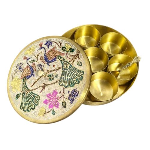 7 Compartments Peacock Print Brass Spice Box Set