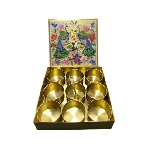 9 Compartments Peacock Print Brass Spice Box Set