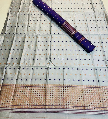6M Grey Zari Cotton Mekhela Chadar - Feature: Lightweight Fabric