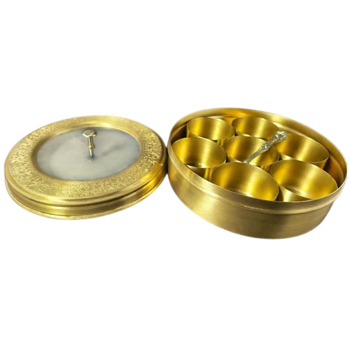 7 Compartments Hammer Flower Print Brass Spice Box Set