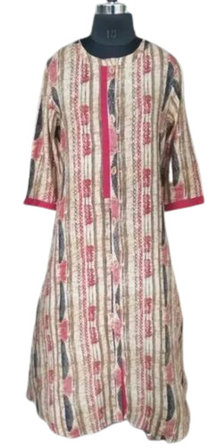 Ladies Round Neck Printed Cotton Kurti - Multi Color, 3/4th Sleeves, Regular Fit | Breathable, Anti UV, Quick Dry, Comfortable Fit