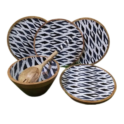 Mango Wood Enamel Digital Printed Serving Platter Set - Mango Wood, Multicolor, 6 Pieces | Modern Design, Multiple Shapes, Enamel Coating