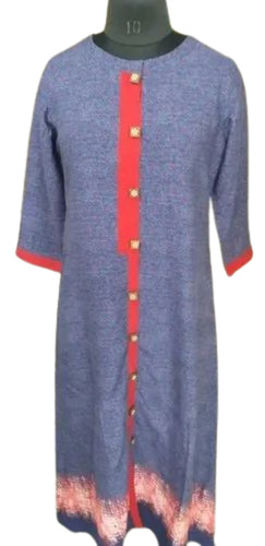 Ladies Blue Boat Neck Printed Cotton Kurti