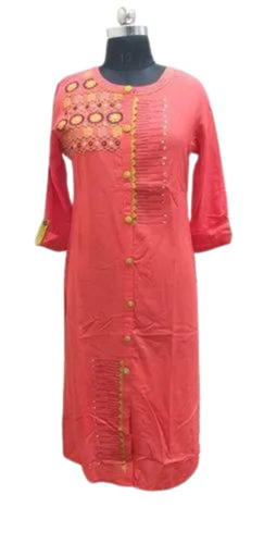 Ladies Pink Round Neck Cotton Kurtis