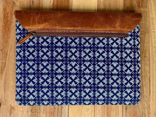 Leather & Kalamkari Blue Lotus Flower Laptop Sleeve