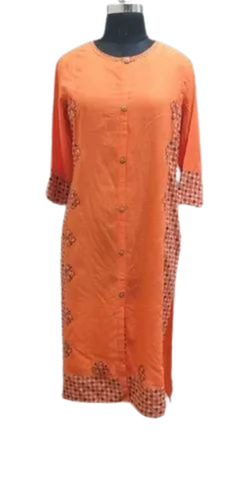Ladies Orange Round Neck Printed Kurti