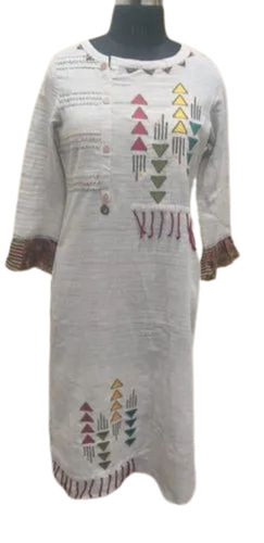 Ladies Round Neck White Rayon Printed Kurti