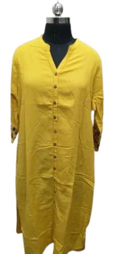 Ladies Yellow V-Neck Casual Wear Cotton Kurti