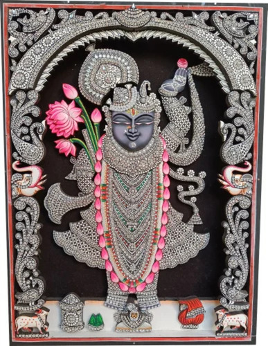 2.5 Feet Shreenathji Rajbhog Shringar Painting - Material: Wood & Canvas