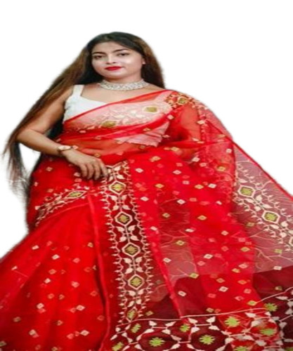 Ladies Red Cotton Embroidered Saree