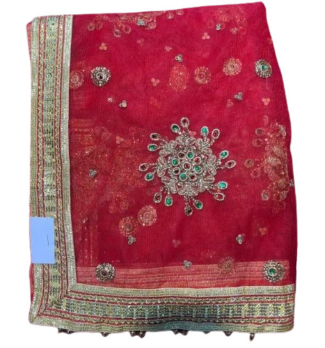 Ladies Net Dupatta - Embroidered Net Fabric, Red, S-L-XL | Lightweight, Breathable, Washable, Anti-Wrinkle