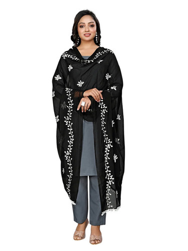 Embroidered Chiffon Dupatta Chunri - Color: Black