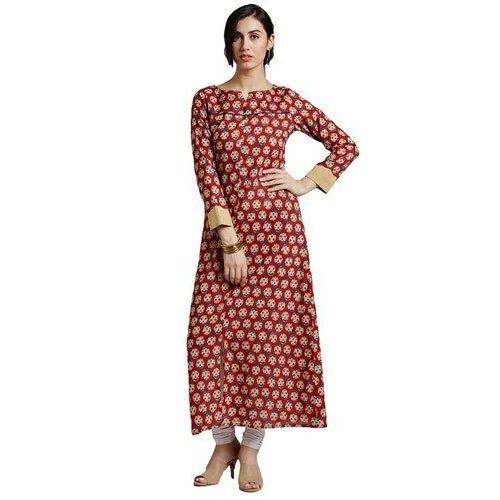 Jaipuri Printed Cotton Kurti - Regular Fit, Multi Color, 3/4th Sleeve | Breathable, Anti UV, Quick Dry, Comfortable Fit