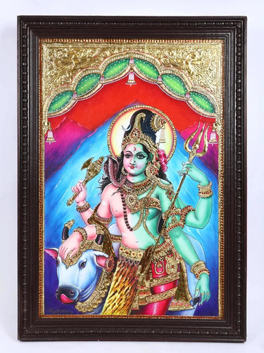 Ardhanarishvara (Shiva-Shakti) 24 Karat Gold Work Award Winning Tanjore Painting - Color: Multi Color