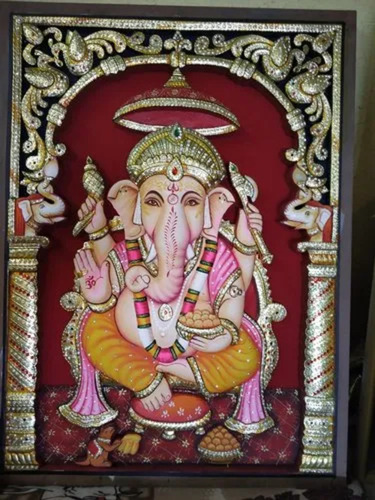 Hand Painted Tanjore Ganesh Painting - Color: Multi Color