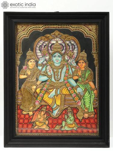 Lord Vishnu With Bhu Devi And Shri Devi Tanjore Painting - Color: Multi Color