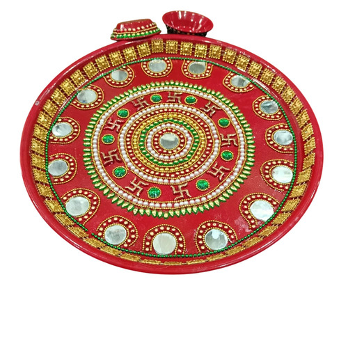 11 Inches Stainless Steel Pooja Thali Set - Large Round Red, Durable Handmade Design