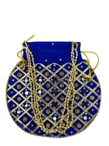 Blue Color Mirror Work Potli Bag