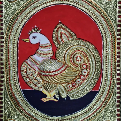 15 Inch Annam Bird Embossed Work Tanjore Painting - Color: Multicolor