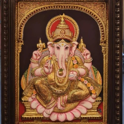 4 Inch Ganesha Fully Embossed Work Tanjore Painting - Color: Gold & Red