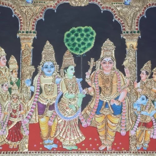 48 Inch Meenakshi Kalyanam Tanjore Painting - Color: Multicolor