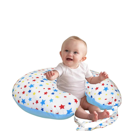 Blue Baby Feeding Pillow - Cotton, 60x43x10 cm, Blue | Ergonomic U-Shape, 4-in-1 Multifunctional, Adjustable Clip