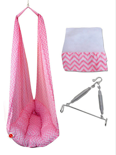 Printed Baby Swing Hanging Cradle - 100% Cotton, 80x40x110 cm, Pink | Mosquito Net, Metal Support, Swinging Motion