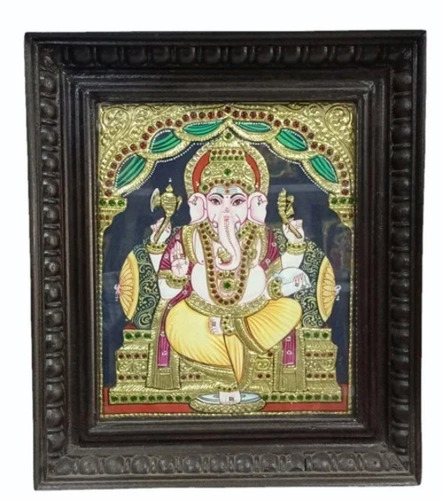Square Lord Ganesha Tanjore Painting - Color: Multicolor