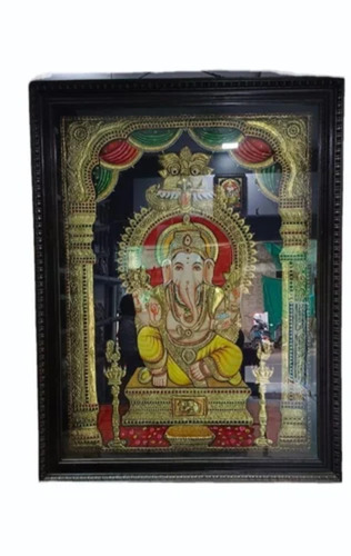 Wood Ganesha Tanjore Painting - Color: Brown & Gold