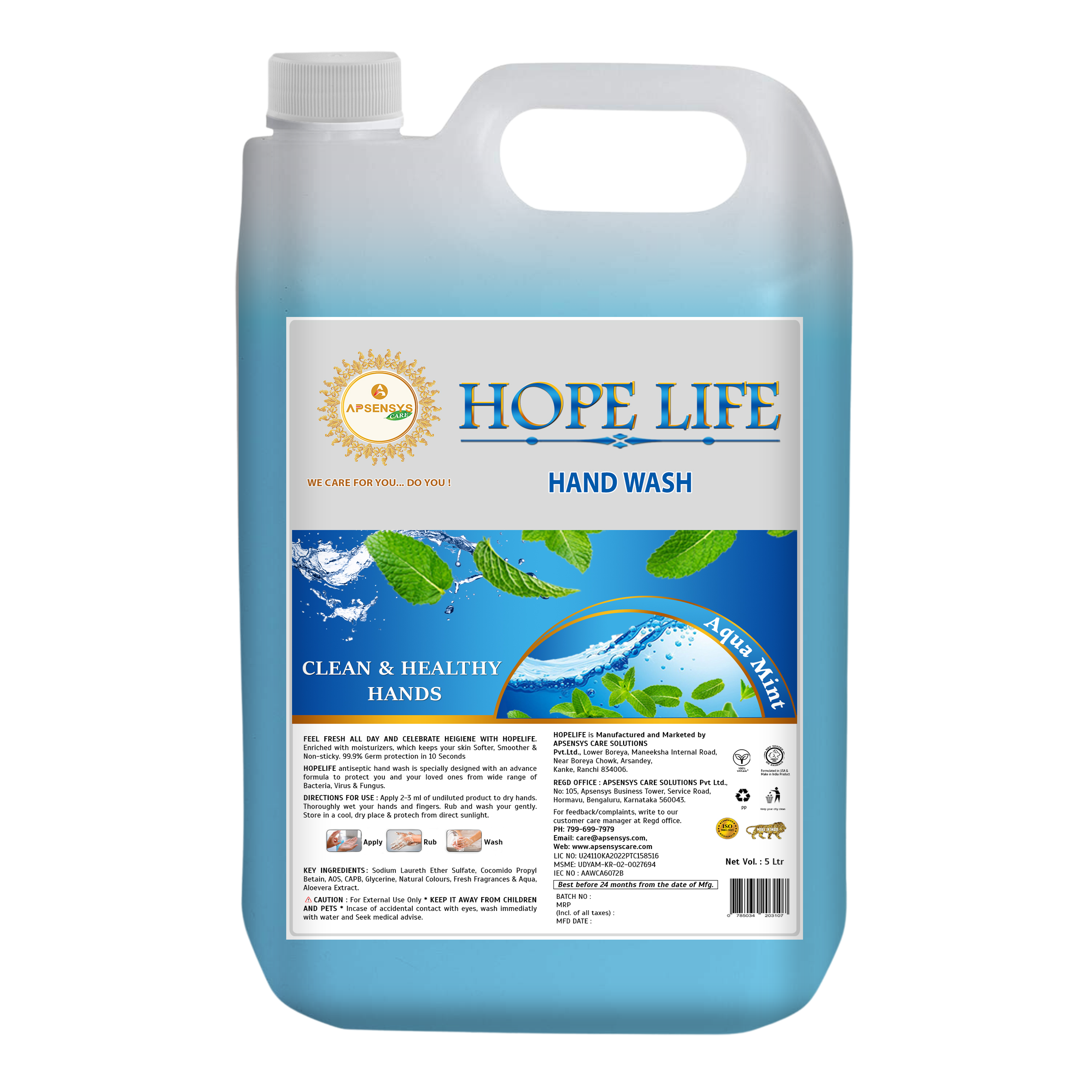 HOPE LIFE Aqua + Mint Hand Wash (5Ltr)