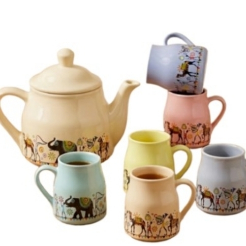 Ceramic Elephant Printed Tea Kettle Cup Set