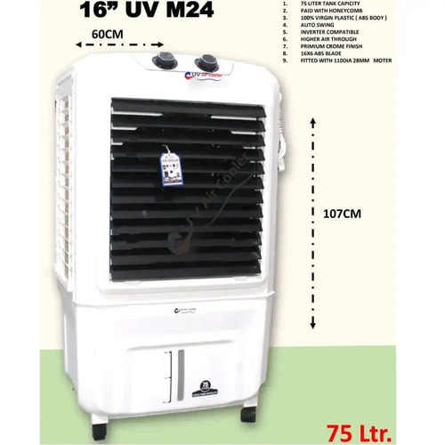 UV 16 Inch M24 Air Cooler 75 Liter ABS Body, White | Honeycomb Pads, Auto Swing, Inverter Compatible