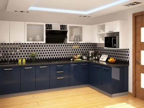 L Shape Kitchen For Residential - Wooden Material, Graynite Counter Top, Modern Gloss Finish | Custom Color, 3D Design, 5-10 Years Warranty